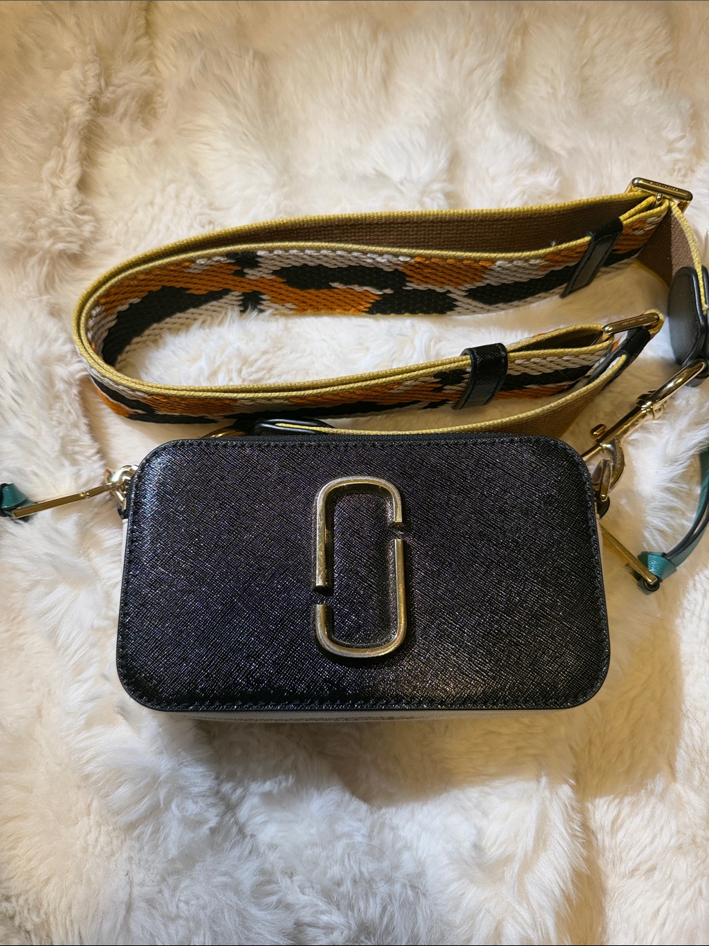 Marc Jacobs Black Crossbody With Patterned Yellow-Accented Strap